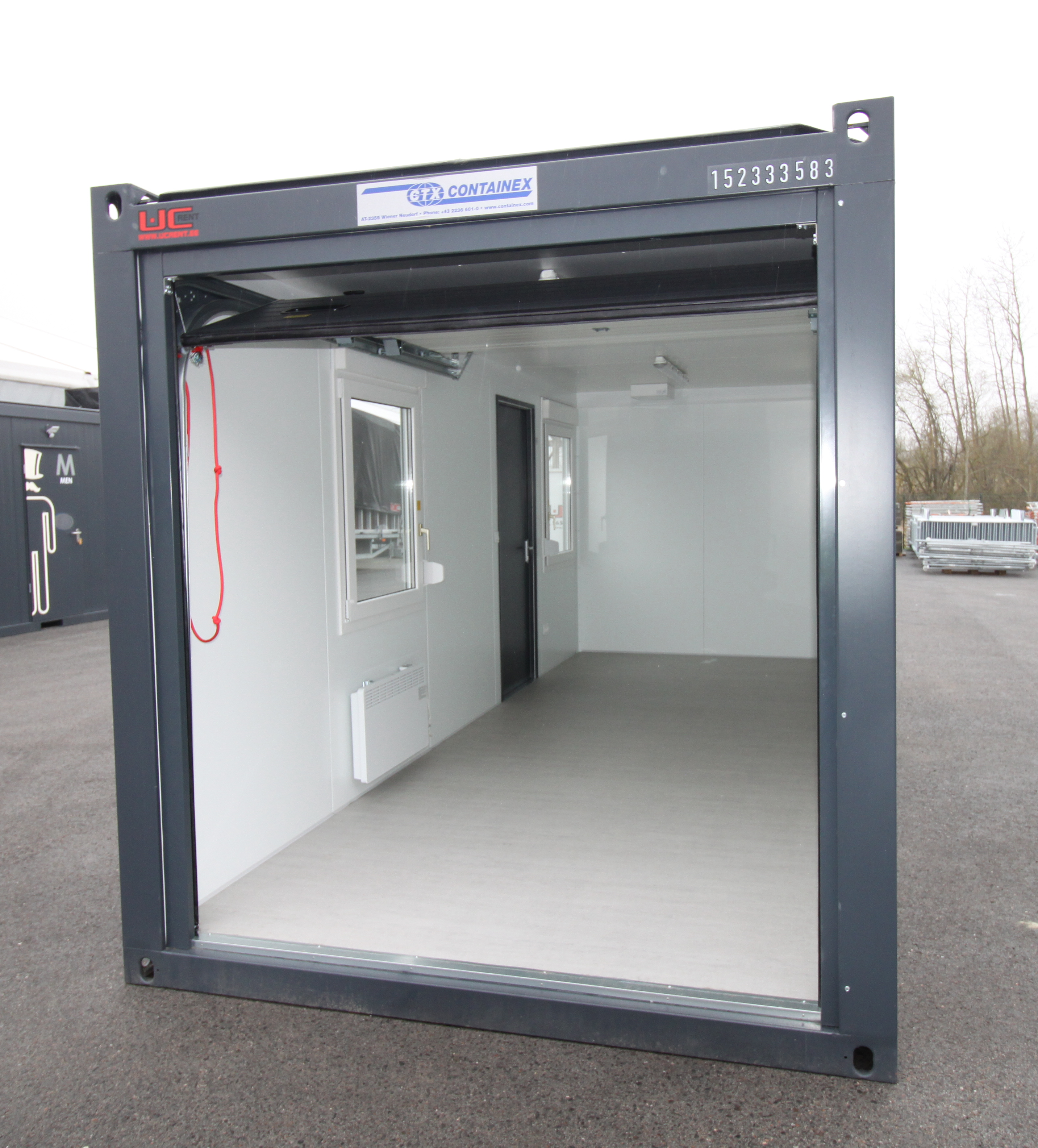 Containex 2,4x6m toimisto- ja työmaakontti, PU seinäeristys, autotallin ovi, tummanharmaa RAL 7016